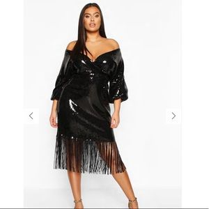 NWT BOOHOO PLUS SEQUIN OFF THE SHOULDER WRAP MIDI DRESS